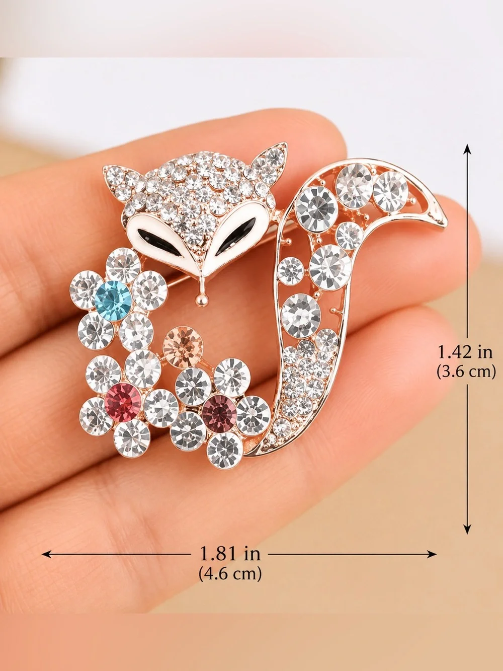 Rose Gold Rhinestone Fox Brooch with Crystal Flowers – Sparkling Animal Pin